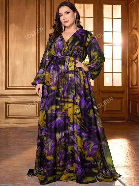 Plus Tropical Print Lantern Sleeve Belted Chiffon DressI discovered amazing products on SHEIN.com, come check them out! Evening Maxi Dresses, Maxi Dresses Plus Size, Yellow Party, Dress Luxury, Dresses Plus Size, Chiffon Long Sleeve, Maxi Dress Evening, Women Plus Size, Lantern Sleeves