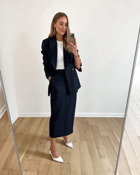 Fashion Jackson Wearing MAYSON the label Navy Pinstripe Double Breasted Blazer, White Tank, Navy Pinstripe Column Maxi Skirt, White Slingback Pumps, Workwear Outfit Idea Navy Pinstripe Blazer Outfit, Pinstripe Blazer Outfit, Casual Trench Coat Outfit, Capsule Style, Maxi Skirt White, Pumps Outfit, Casual Trench Coat, Trench Coat Outfit, Pinstripe Blazer