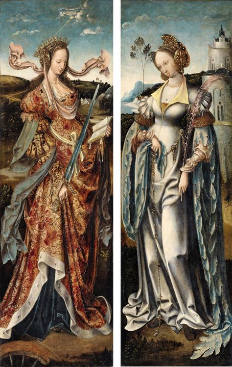 maertyrer:  attributed to Cornelis Engebrechtsz -  Saint Barbara and Saint Catherine -  early 16th century Paintings Of Women, Modern Blouse, Saint Barbara, Saint Catherine, 16th Century Art, Istoria Artei, Historical Painting, St Catherine, Medieval Fashion