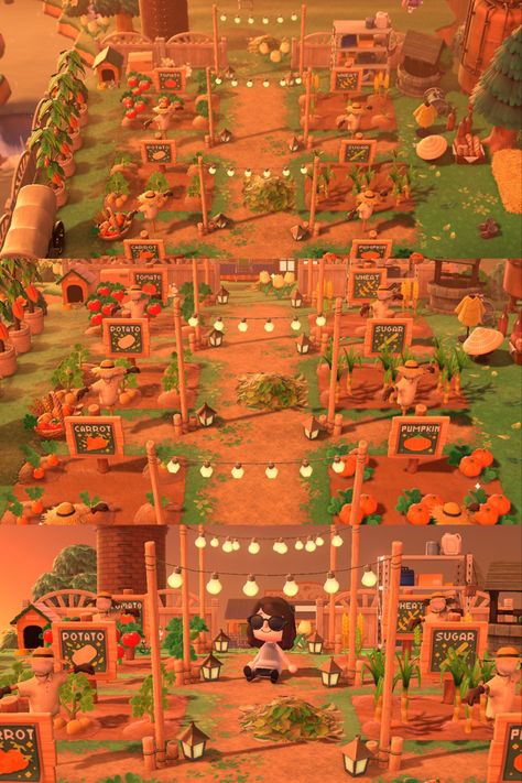 Animal Crossing New Horizons ACNH Farm Animal Crossing Fruit Orchard Layout, Animal Crossing Produce Garden, Community Garden Animal Crossing, Acnh Vegetable Garden Ideas, Acnh Produce Garden, Animal Crossing Community Area, Animal Crossing Fruit Garden, Community Garden Acnh, Animal Crossing Fruit Orchard