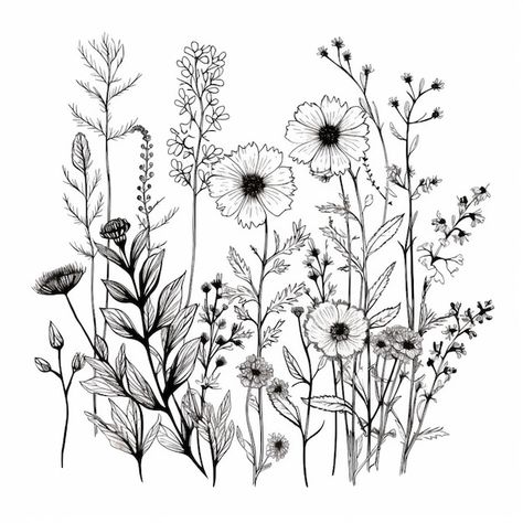 Floral Line Illustration, Field Of Flowers Tattoo, Wild Flowers Drawing Sketch, Wildflower Drawing Tattoo, Wildflower Leg Tattoo, Wildflower Garden Bed, Plant Garden Design, Wildflowers Drawing, Flower Gardening Ideas