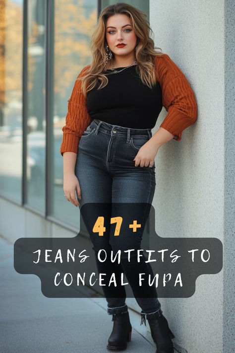 Discover 47 stylish jeans outfits designed to flatter your body and conceals the fupa. From high-waisted cuts to strategic layering, these outfits offer both comfort and confidence. Click to explore these fashion-forward looks and embrace your shape with style! 👖✨ #JeansOutfits #FlatteringFashion #StyleConfidence #FashionInspo #BodyPositive #OutfitIdeas #ComfortAndStyle Plus Size High Waisted Jeans Outfit, Curvy Jeans Outfit, Jeans For Curvy Women, Stylish Jeans Outfit, Bootcut Jeans Outfit, Boyfriend Jeans Outfit, Mom Jeans Outfit, Jeans Outfit Women, Flattering Outfits