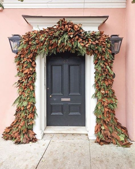 Christmas door decor ideas from Charleston. A magnolia garland. #christmasdecor #charleston Christmas Door Decor Ideas, Charleston Christmas, Door Decor Ideas, Magnolia Garland, Christmas Door Decor, Easy Christmas Wreaths, Christmas Travel, Christmas Porch, Christmas Door Decorations