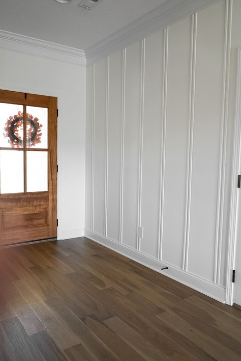 DIY Board and Batten Accent Wall - Love Letters 1x2 Accent Wall Vertical, Board And Batten End Of Hallway, Accent Wall Around Door, Trim Board Accent Wall, Ornate Board And Batten, Entry Way Accent Wall Wood, Board And Barton Stairwell, Small Entry Accent Wall, Dining Accent Wall Ideas