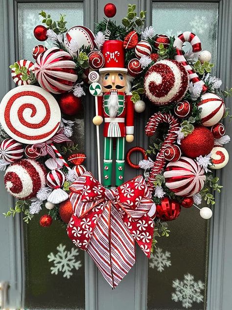 Outdoor Christmas Wreaths For Front Door Christmas Wreaths Candy, A Nutcracker Christmas, Nutcracker Wreaths Diy, Nutcracker Wreath Ideas Diy, Large Wreath Ideas, Outside Door Christmas Decor, Nutcracker Wreath Diy, Nutcracker Christmas Wreath, The Nutcracker Christmas Decor