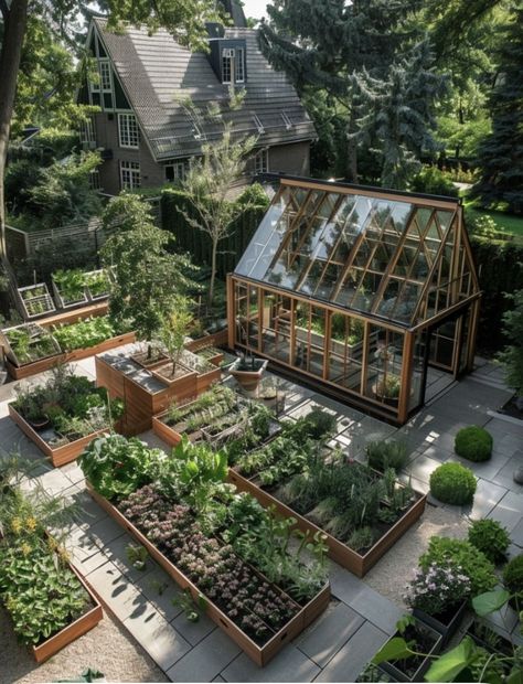 Greenhouse And Garden Layout, Garden Layout With Greenhouse, Greenhouse Landscape, Greenhouse Landscaping, Backyard Garden Landscaping, Gardener Aesthetic, Greenhouse Farming, Tattoo Garden, Dream Backyard Garden