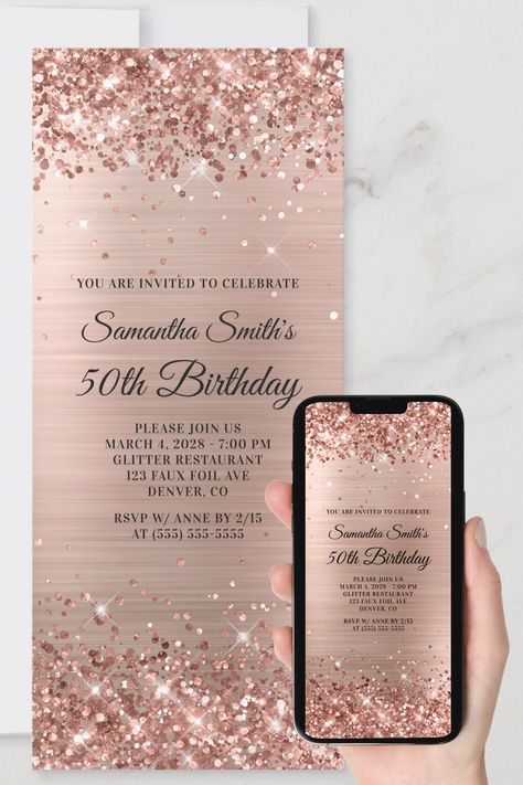 A glamorous 50th birthday invitation for her for print or digital download. Faux sparkly rose gold glitter with sparkles against a coordinating faux rose gold and blush brushed metal foil graphic image. Rose Gold 50th Birthday Party, 40th Bday Ideas, 50th Birthday Invitation, Rose Gold Theme, 50th Birthday Party Invitations, 50th Birthday Invitations, Wedding Planning Timeline, Pink Glam, 80th Birthday Party