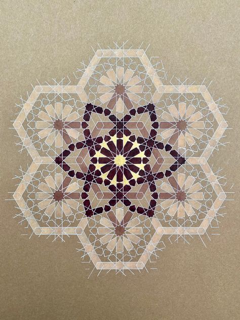 islamic geometry, islamic pattern on brown paper, mixed media on A4 format - by unravelling pattern Islamic Art Pattern Geometry, Modern Islamic Pattern, Islamic Patterns Geometric, Graphical Art, Pattern Islamic, Islamic Design Pattern, Islam Art, Islamic Geometry, Islamic Designs