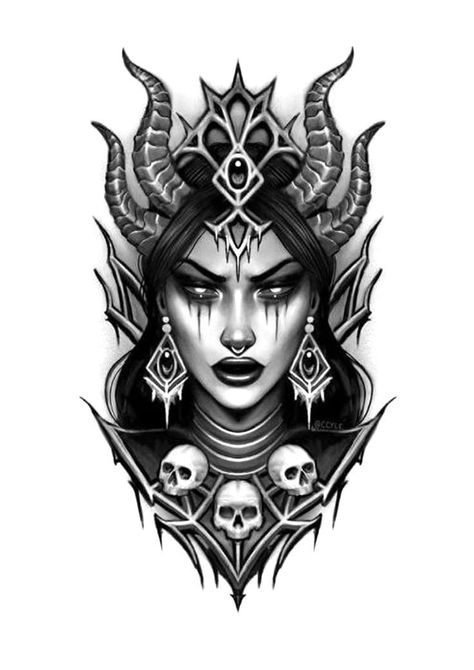 Neotraditional Tattoo Woman, Neotraditional Tattoo Design Black, Female Demon Tattoo, Demon Woman Tattoo, Devil Woman Tattoo, Demon Girl Tattoo, Black Work Tattoo Design, Lilith Tattoo Art, Tattoos Creepy