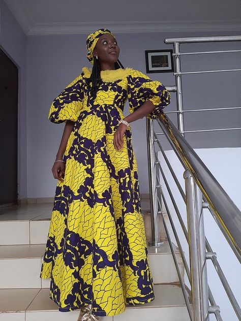 Flay gown & Puffyhands with ruffle neck Flay Gown Styles, Ankara Dress Styles, Ankara Fashion, Gown Styles, African Fashion Women Clothing, Ankara Dress, African Fashion Women, Ankara Fabric, Ankara Styles