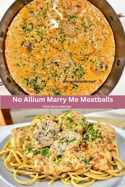 Marry Me Meatballs recipe is based on a popular viral recipe. It went through a transformation and it became an allium-free recipe. It is made without onion and without garlic. Marry Me Meatballs recipe is full of flavor, and perfect for all of us with allium allergy and allium intolerance. It is definitely a meal to cook for a romantic dinner, and it tastes the best with pasta. Dora Kitchen, Meatball Recipe, Meatballs Recipe, Sauce For Chicken, Risotto Recipes, Garlic Recipes, Onion Recipes, Romantic Dinner, Latest Recipe