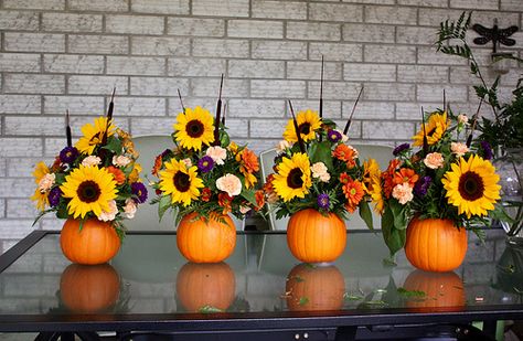 How to Make a Floral Pumpkin Centerpiece Wedding Pumpkins, Sunflower Ideas, Sunflower Party, Games Table, Pumpkin Wedding, Fall Flower Arrangements, Fall Floral Arrangements, Diy Arrangements, Pumpkin Flower