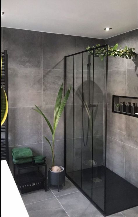 Green Black House Aesthetic, Dark Green And Grey Bathroom, Black Green Bathroom, Grey And Green Bathroom Ideas, Grey And Green Bathroom, Bathroom Interior Design Modern Grey, Green Bathrooms Inspiration, Monochrome House, Dark Green Bathrooms