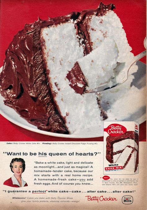 Betty Crocker White Cake Mix Red White And Blue Cake, Vintage Food Posters, Betty Crocker Cake Mix, Betty Crocker Cake, Vintage Sweets, Cake Recipes At Home, White Sauce Recipes, Chocolate Fudge Frosting, White Cake Recipe