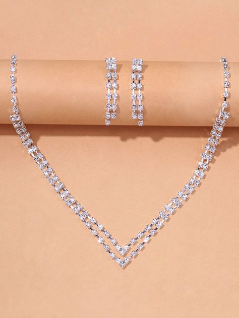 Silver    Rhinestone      Jewelry Silver Necklace Prom, Hoco Jewelry, Silver Prom Jewelry, Prom Jewelry Sets, Formal Necklace, Bridal Diamond Necklace, Prom Necklaces, Formal Jewelry, Prom Accessories