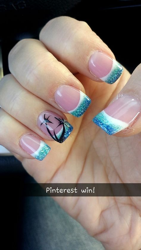 blue ombre french tip gel nails with palm trees Beach Themed Nails, French Tip Gel Nails, Nails Vacation, Cruise Nails, Beach Nail Art, Palm Tree Nails, Beach Nail Designs, Beachy Nails, Beach Nail