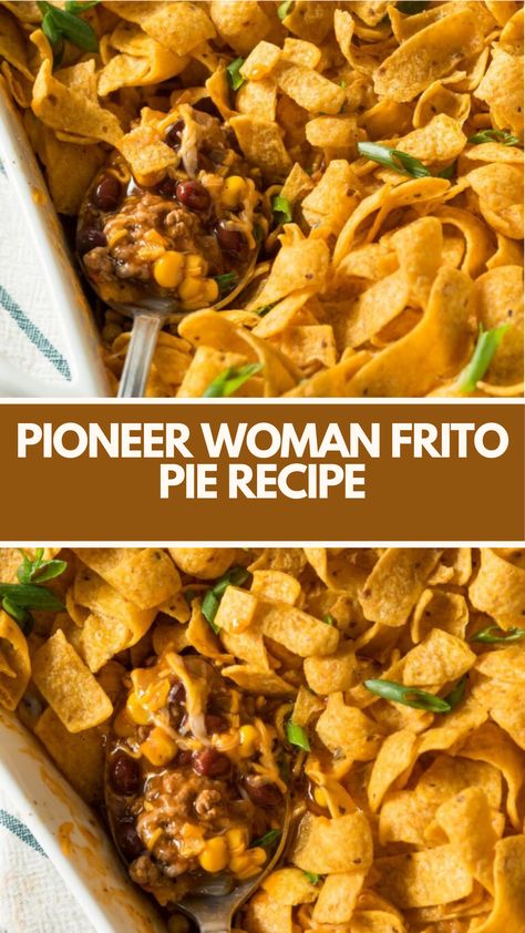 Pioneer Woman Frito Pie is made with ground beef, onion, Ranch Style beans, Frito corn chips, enchilada sauce, and cheddar cheese. With a total cook time of 35 minutes, it serves 8 people. Ground Beef Fritos Recipes, Crockpot Frito Pie, Fritos Recipe, Pioneer Woman Desserts, Ranch Style Beans, Frito Recipe, Pioneer Kitchen, Frito Pie Recipe, Bean Pie