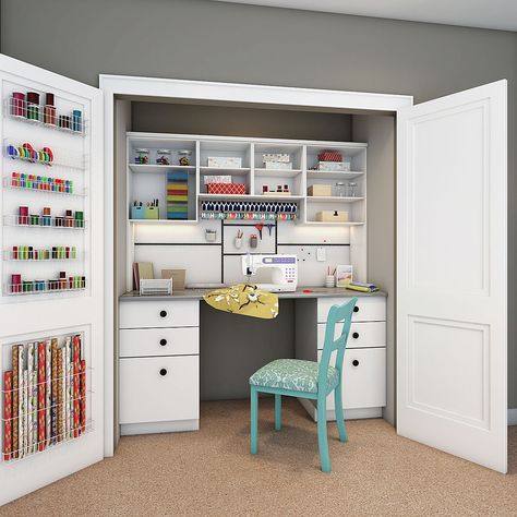 Craft Closet With Fold Down Table, Walk In Closet Craft Room Ideas, Sewing Room In A Closet, Hidden Craft Room, Craft Closet With Desk, Closet To Craft Space, Hidden Sewing Station, Craft Closet Ideas, Closet Craft Space