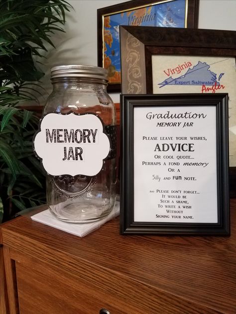 Kat Grad 2017 Memory Jar Graduation Memory Jar Ideas, Grad Party Memory Jar, Graduation Advice Box Ideas, Grad Party Memory Table, Graduation Party Memory Ideas, Graduation Memory Table, Graduation Open House Decorations, Memory Jar Ideas, Farewell Decoration