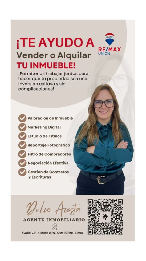 Dulce Acosta, tu aliada confiable en el mundo inmobiliario.  Con una pasión innata por ayudar a las personas a encontrar el hogar de sus sueños o invertir sabiamente en propiedades, me enorgullezco de ser asesora inmobiliaria en Remax Unión.  Mi compromiso contigo va más allá de simplemente cerrar una transacción; se trata de entender tus necesidades, escuchar tus sueños y trabajar incansablemente para convertirlos en realidad.  Con mi experiencia, conocimiento del mercado y enfoque centrado en el cliente, te guiaré en cada paso del proceso, desde la búsqueda hasta la firma final.  Permíteme ser tu guía en este emocionante viaje inmobiliario.  ¡Contáctame hoy mismo y déjame ayudarte a hacer realidad tus metas inmobiliarias! Inmobiliaria Ideas, Real Estate, Marketing