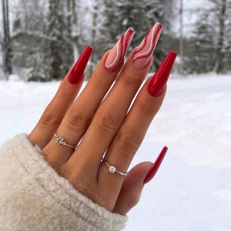 Red Coffin Nails, Cute Red Nails, Red Coffin, Long Red Nails, Red And White Nails, Red Christmas Nails, Red Acrylic Nails, Nude Nail Designs, Beige Nails