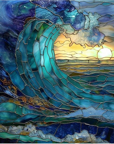 Wave Stained Glass Pattern, Stained Glass Wave, Stained Glass Waves, Blue Stained Glass Window, Stained Glass Ocean, Stained Glass Seascape Pattern, Ocean Stained Glass Window, Stained Glass Window Art, Stained Glass Ocean Theme