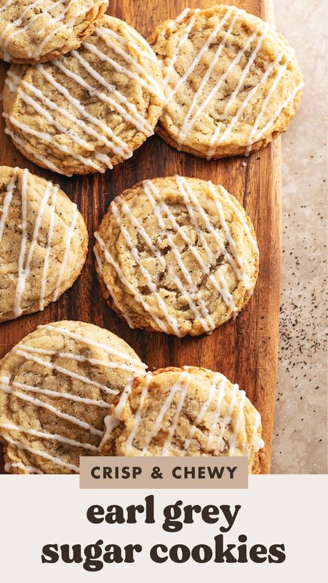 These earl grey sugar cookies are crisp on the outside and chewy in the middle. They're full of earl grey tea flavour and topped with a lemon glaze! #earlgrey #cookies #sugarcookies | teakandthyme.com Earl Grey Lemon Cookies, Earl Grey Biscuits, Earl Grey Tea Cookies, Earl Grey Icing, Earl Grey Sugar Cookies, Sweet And Savory Cookies, Earl Grey Baking, Tea Flavored Cookies, Earl Grey Dessert Recipes