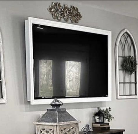 Idea to frame our TV Tv Border Frame, Tv Border, Tv Mirror, Mirror With Frame, Tv Frame, Border Frame, Framed Tv, Bathroom Lighting, Lighted Bathroom Mirror