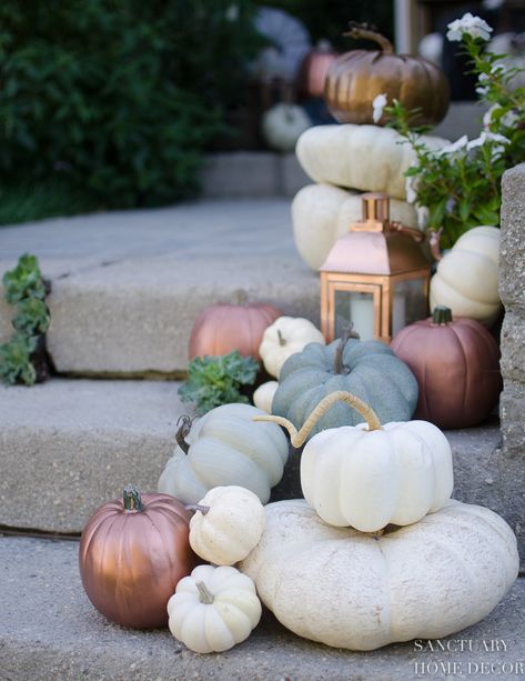 Sanctuary Home Decor, Fall Porches, Decorating Halloween, Copper Pumpkins, Fall Feast, Porch Inspiration, Sanctuary Home, Fake Pumpkins, Fall Vignettes