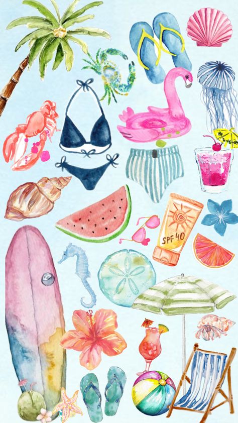 summer watercolor collage Beach Collage Wallpaper, Beachy Wallpapers, Fruit Collage, Beachy Wallpaper, Beach Collage, Watercolor Collage, Summer Drawings, Wallpaper Iphone Boho, Wallpaper Watercolor