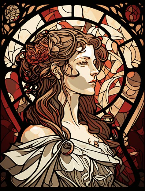 Stain Glass Drawing, Stained Glass People, Stained Glass Woman, Stained Glass Tattoo, Stain Glass Window Art, Rare Features, Draw Realistic, Mucha Art, Art Nouveau Illustration