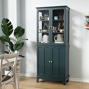 ARTPOWER 72" Freestanding Kitchen Pantry Storage Sideboard, Classical Tall Cabinet with Glass Door and Adjustable Shelves for Kitchen, Livingroom and Dining Room, Dark Teal Freestanding Kitchen Pantry, Shelves For Kitchen, Organiser Cucina, Tall Bathroom Storage Cabinet, Storage Sideboard, Pantry Storage Cabinet, Kitchen Storage Shelves, Kitchen Pantry Storage, Freestanding Kitchen