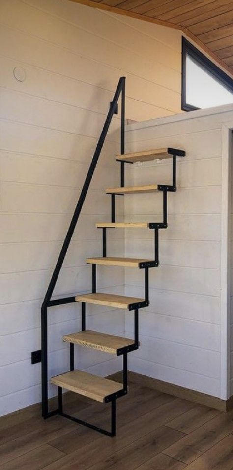 Loft Stairs In Bedroom, Fold Up Loft Stairs, Small Staircase To Loft, Small Loft Stairs, Steps For Small Spaces, Stair Loft Ideas, Stairs In Tiny House, Stairs For Tiny House, Stairs To A Loft