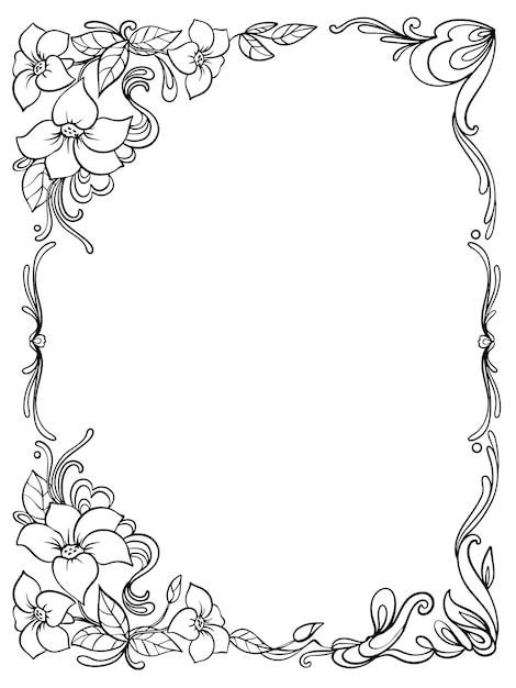 Victorian Frame Design, Page Frame Design, Floral Border Design Frames Hand Drawn, Vintage Borders And Frames, Baroque Drawing, Drawing For Coloring, Border Drawing, Page Frames, Line Art Flowers