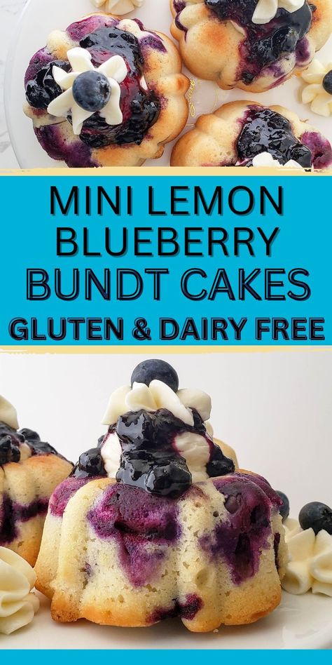 Mini Lemon Blueberry Bundt Cake - Eating Gluten and Dairy Free Gluten Free Blueberry Bundt Cake, Dairy Free Bundt Cake Recipes, Gluten Free Mini Bundt Cake Recipes, Vegan Mini Bundt Cakes, Gluten Free Lemon Blueberry Cake, Gluten Free Mini Cake, Gluten Free Mini Bundt Cakes, Gluten Free Dairy Free Cake, Gluten Free Bundt Cake