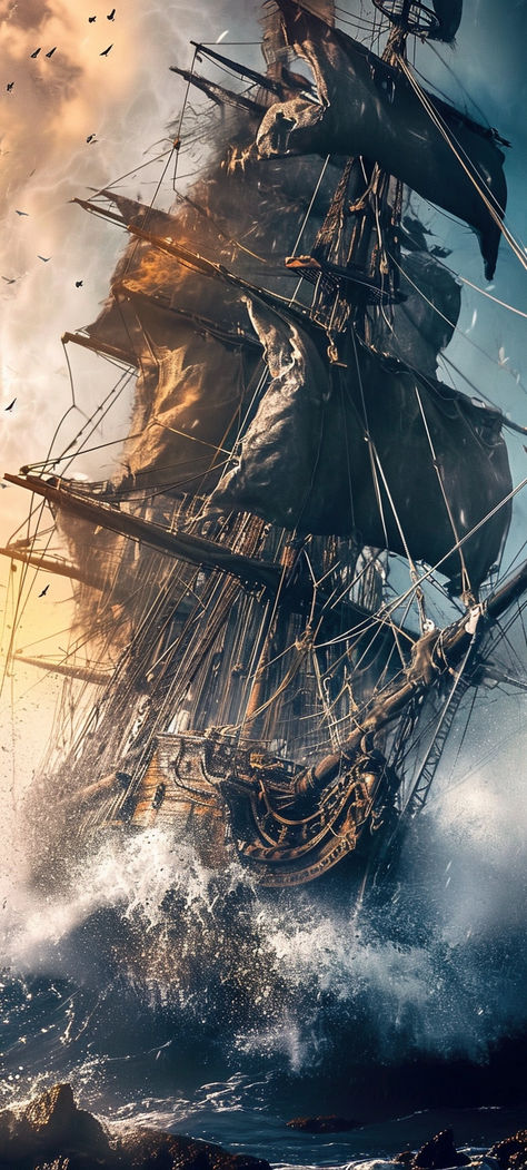 Ghost Ship Art, Pirate Ship Art, Navi A Vela, Old Sailing Ships, Dark Fantasy Artwork, Pirate Art, Ship Paintings, Fantasy Places, Cool Wallpapers Art