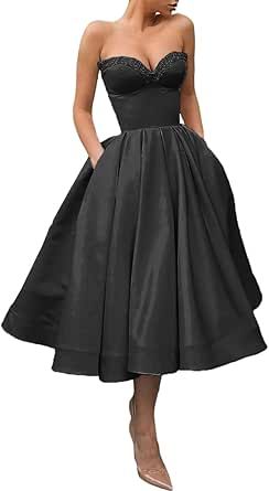 Cocktail Dress For Teens, Tea Length Homecoming Dresses, Tea Length Prom Dress, Sweetheart Homecoming Dress, Backless Homecoming Dresses, Black Dress With Pockets, Mini Homecoming Dresses, Satin Homecoming Dress, Short Prom Dresses