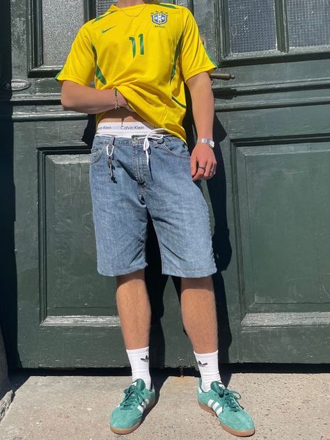 Brazil Bloke Core, Guy Jorts Outfit, Brazil Soccer Jersey Outfit, Summer Jorts Fits, Brazil Shirt Outfit Men, Soccer Kit Outfit, Brazil Outfit Men, Football Shirts Outfit, Soccer Outfits Men