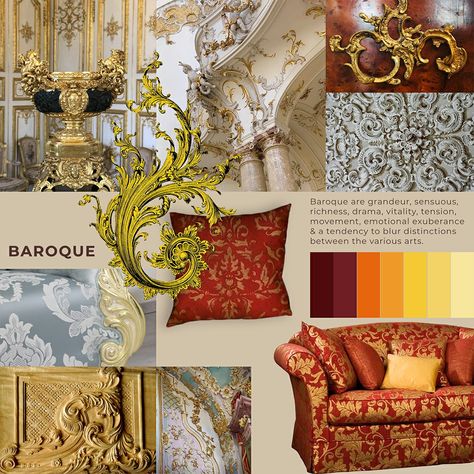 Mood Board inspired by the Baroque theme, is grandeur, sensous, rich, dramatic, emotionally exuberant & has a tendency to blur distinctions between various arts. Baroque Color Scheme, Baroque Style Furniture, Baroque Style Interior, Baroque Mood Board, Baroque Fashion Modern, Baroque Aesthetic Fashion, Baroque Makeup, Classicism Art, Baroque Interior Design