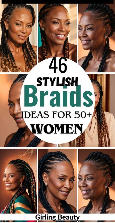 46 stylish braids hairstyles for women over 50, perfect for adding elegance and flair to your look. From classic braided updos to chic twists and sophisticated styles, find inspiration for ageless beauty. #BraidsHairstyles #WomenOver50 Braids For 50 Year Old Black Women, Braided Buns For Black Women, Older Women Braided Hairstyles, Professional Braids For Work, Braids For Older Black Women Over 50, Braided Updo For Black Women, Black Braided Hairstyles Updos, Hair Braids For Men, Goddess Knotless Box Braids