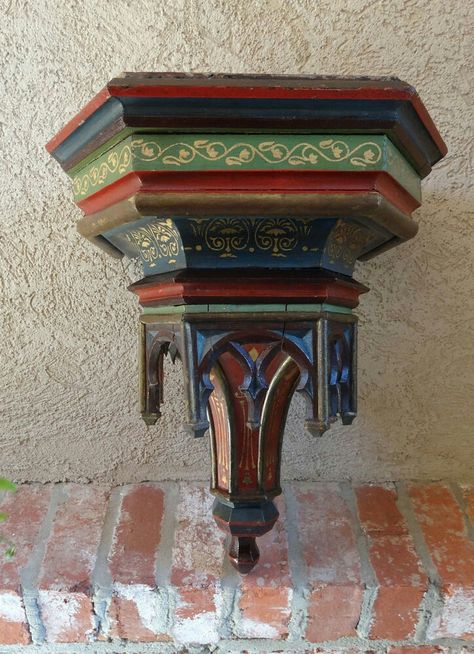 Antique French GOTHIC Carved Wood Polychrome CORBEL Wall Shelf Pediment Bracket Corbel Shelves, Gothic Revival Furniture, Antique Corbels, Medieval Bedroom, House Slytherin, Corbel Shelf, French Gothic, Slytherin House, Pooja Room