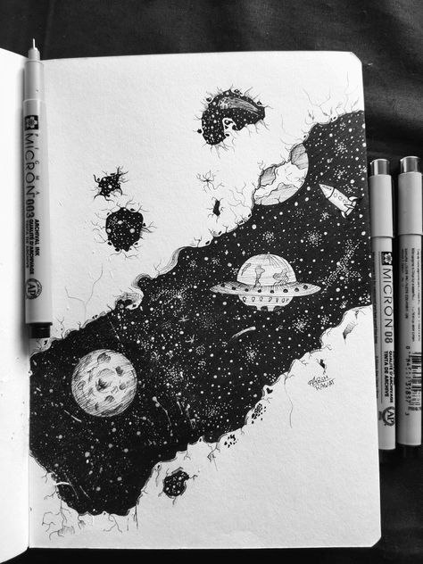 Space Pen Drawing, Space Pencil Drawings, Micron Pen Art Doodles, Space Doodle Art, Pointalism Art, Micron Pen Art, Galaxy Drawings, Animal Tattoo Ideas, Pen Art Work