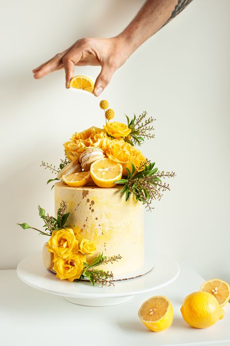 Lemon cake Birthday Cake With Lemon Decoration, Cake Decorated With Lemons, Lemon Cakes Decoration, Lemon Meringue Birthday Cake, Lemon Tiered Cake, Lemon Celebration Cake, Cake Lemon Decoration, Lemon Birthday Cake Decoration, Lemon Themed Cake