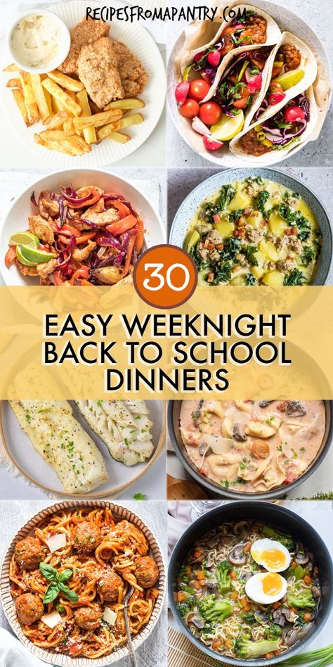 Choose from our 40 back-to-school dinner ideas, perfect for those hectic evenings. Discover a range of healthy, kid-approved meals including timesaving crockpot dishes, engaging themed dinner nights, and quick yet nutritious options tailored for the whole family. Enhance your dinner routine without the stress, ensuring your nights are both delightful and efficient. #BackToSchoolDinners #HealthyFamilyMeals #QuickSchoolNightDinners #CrockpotCooking #ThemedDinners Back To School Meal Prep Dinner, Back To School Weeknight Dinners, School Night Dinners Healthy, Back To School Dinner Ideas Crock Pot, Healthy Back To School Dinners, Nutritious Family Meals, After School Dinner Ideas, Easy Back To School Dinners, Easy Healthy Weeknight Meals