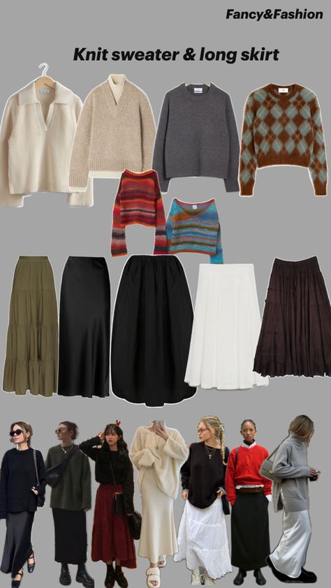 Knit sweaters and long skirts outfit ideas Skirt And Sweater, Back To School Fashion, Knit Sweaters, Wardrobe Outfits, Long Skirts, School Fashion, Outfits Ideas, Your Back, Classy Outfits