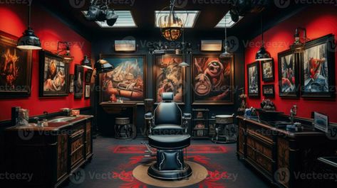 Cool Tattoo Shop Interiors, Modern Tattoo Shop Interior, Tattoo Parlor Interior, Tattoo Parlor Aesthetic, Tattoo Parlor Decor, Dark Lounge, Tattoo Shop Interior, Tattoo Studio Interior, Parlour Design