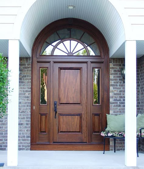 Single Doors w/ Sidelites, Transom | custom, wood, single, sidelites, transom, panel, lite, sunburst, half round, raised, SDL, door | HeartW... Mahogany Exterior Doors, Modern Main Gate Designs, House Main Door, House Main Door Design, House Main Gates Design, Main Entrance Door Design, Beautiful Front Doors, Home Door Design, Door Design Images