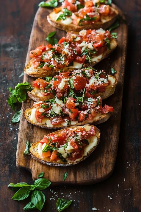 Discover the timeless art of creating crispy toasted bread topped with juicy tomatoes, fresh basil, and a drizzle of olive oil – the perfect appetizer or snack for any occasion. Hungry? Click for the full recipe
#bruschettarecipe #appetizerideas #snackrecipes #easyrecipes #tomatorecipes #italianfood #healthyappetizer #partyfood #quickrecipes #vegetarianrecipes Night Lunch Ideas, Italian Bread With Tomatoes, Bruschetta With Tomato And Basil, Classic Italian Bruschetta Recipe, Blt Bruschetta Recipe, Roasted Bruschetta Recipe, Bruschetta Pizza Recipe, Caprese Bruschetta Recipe, Brushetta Appetizers Mozzarella