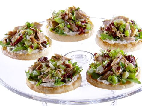 Open-Faced Tuna Tea Sandwiches with White Bean Spread recipe from Giada De Laurentiis via Food Network White Bean Spread, Giada At Home, Food Network Canada, Giada De Laurentiis, Spread Recipes, Tea Sandwiches, White Bean, Tuna Salad, Wrap Sandwiches