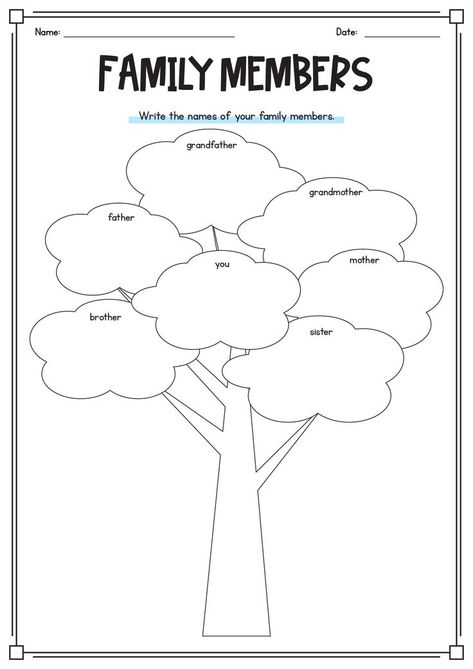 Make learning and bonding with your family members fun with our printable worksheets. Explore activities that encourage communication, teamwork, and understanding. Elevate your family time with interactive and engaging resources. #FamilyLearning #PrintableActivities #EducationAtHome #familymemberworksheets High School First Day, First Day Of High School, Family Tree Worksheet, Preschool Family, Family Tree Printable, Creative Worksheets, New Year Wishes Quotes, Art Handouts, Family Printables